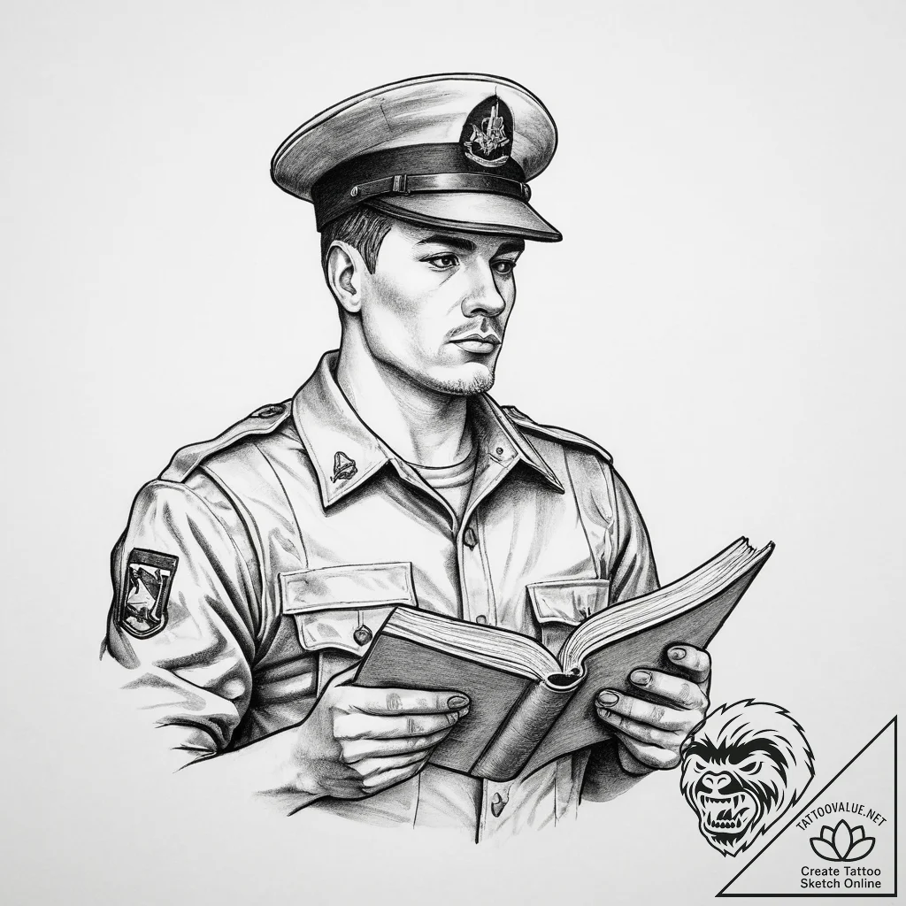 Tattoo sketch soldier with a book, tattoo ske... - tattoo sketch (№1760481115_0, 14.10.2025 22:31) — tattoovalue.net