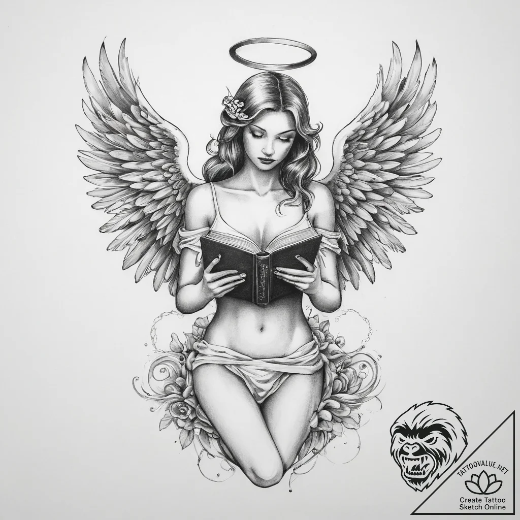Tattoo sketch angel with a book - tattoo sketch (№1760485488_0, 14.10.2025 23:44) — tattoovalue.net
