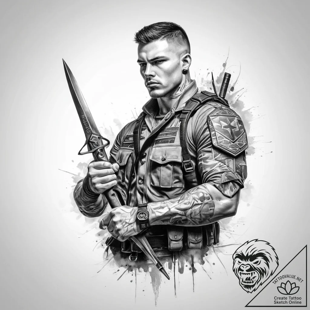 Tattoo sketch soldier with a scissors - tattoo sketch (№1760504079_0, 15.10.2025 04:54) — tattoovalue.net