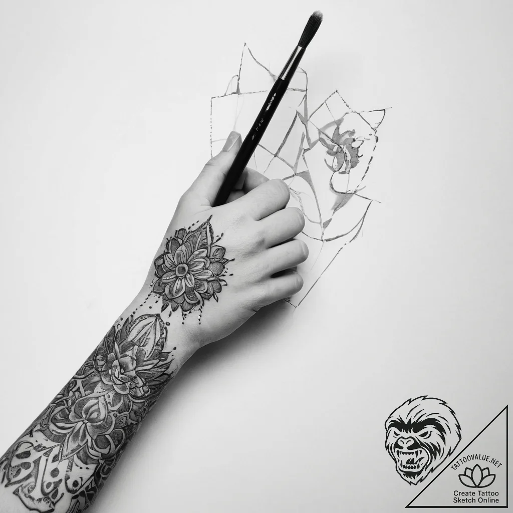 Tattoo sketch hands with a brush - tattoo sketch (№1760505170_0, 15.10.2025 05:12) — tattoovalue.net