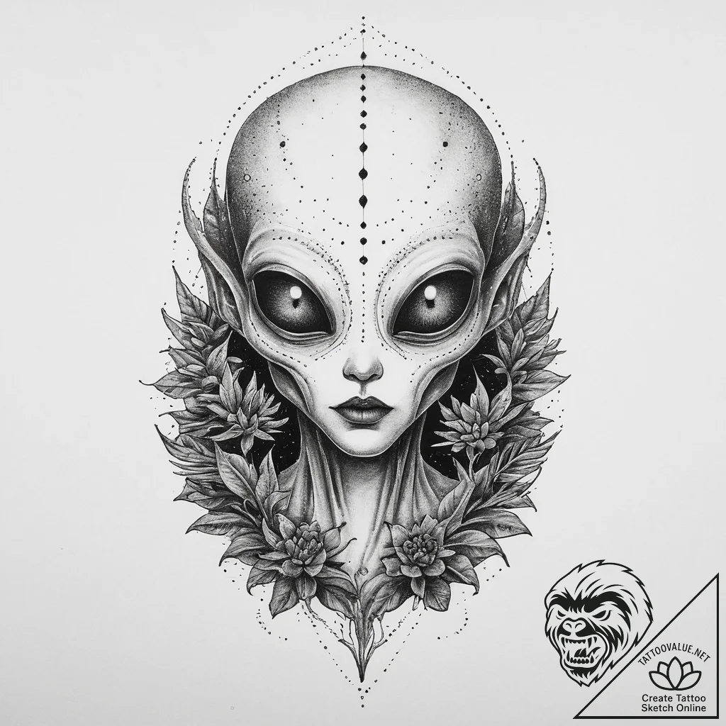 Tattoo sketch alien with a plant, tattoo line... - tattoo sketch (№1760517478_0, 15.10.2025 08:37) — tattoovalue.net