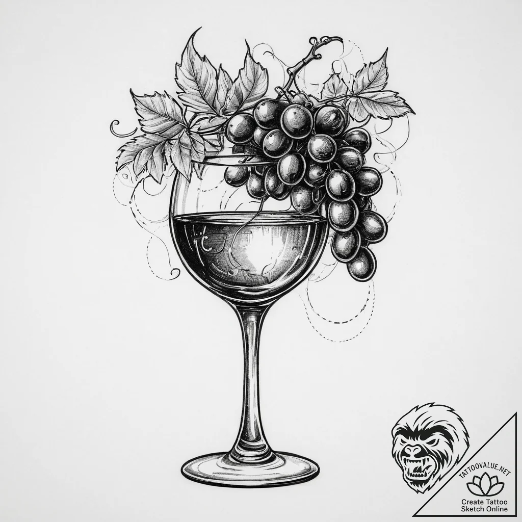 Tattoo sketch wine glass with grapes, ink ill... - tattoo sketch (№1760519097_0, 15.10.2025 09:04) — tattoovalue.net