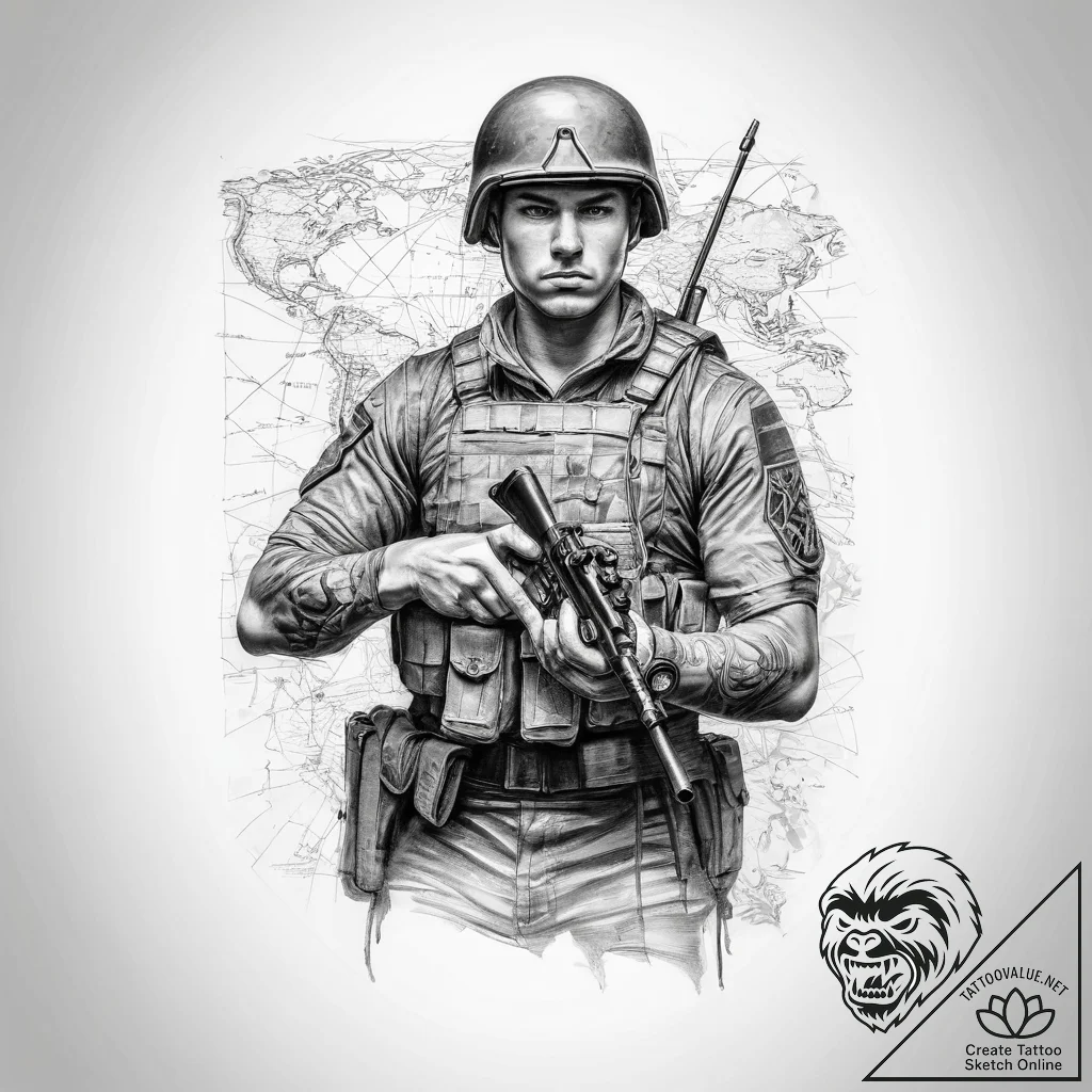Tattoo sketch soldier with a map - tattoo sketch (№1760524747_0, 15.10.2025 10:39) — tattoovalue.net