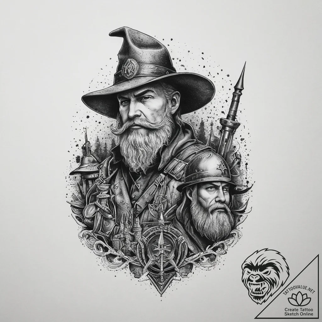 Tattoo sketch soldier with a wizard, tattoo s... - tattoo sketch (№1760528443_0, 15.10.2025 11:40) — tattoovalue.net