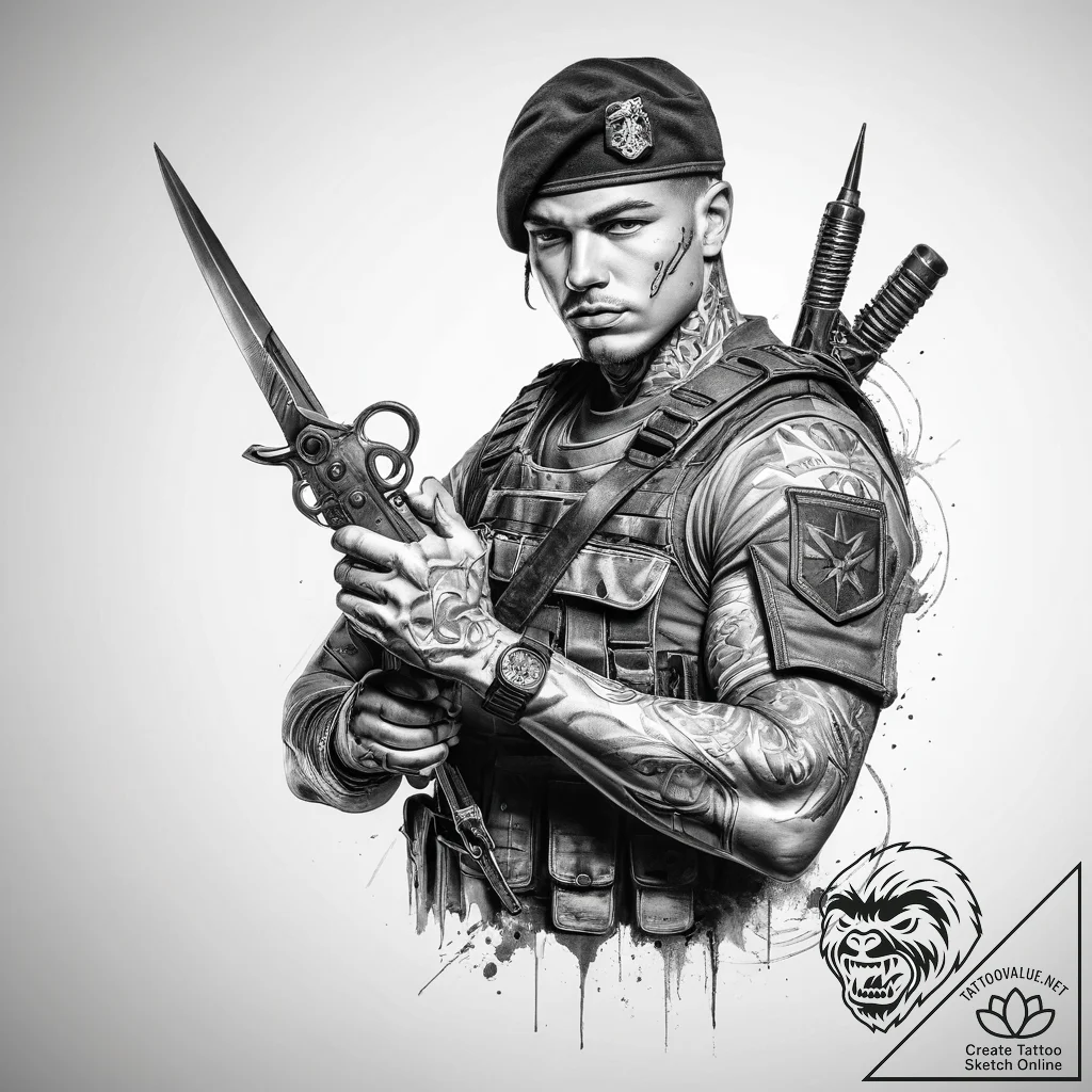 Tattoo sketch soldier with a scissors - tattoo sketch (№1760530185_0, 15.10.2025 12:09) — tattoovalue.net