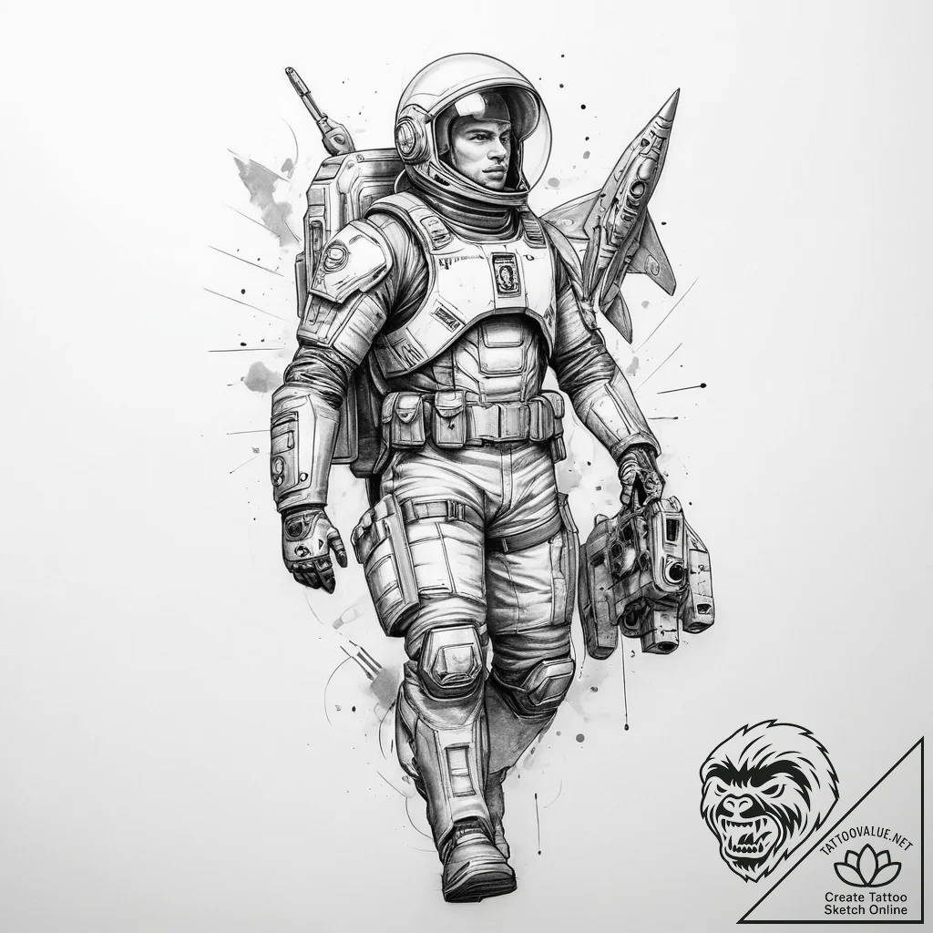 Tattoo sketch soldier with a spacecraft - tattoo sketch (№1760536063_0, 15.10.2025 13:47) — tattoovalue.net