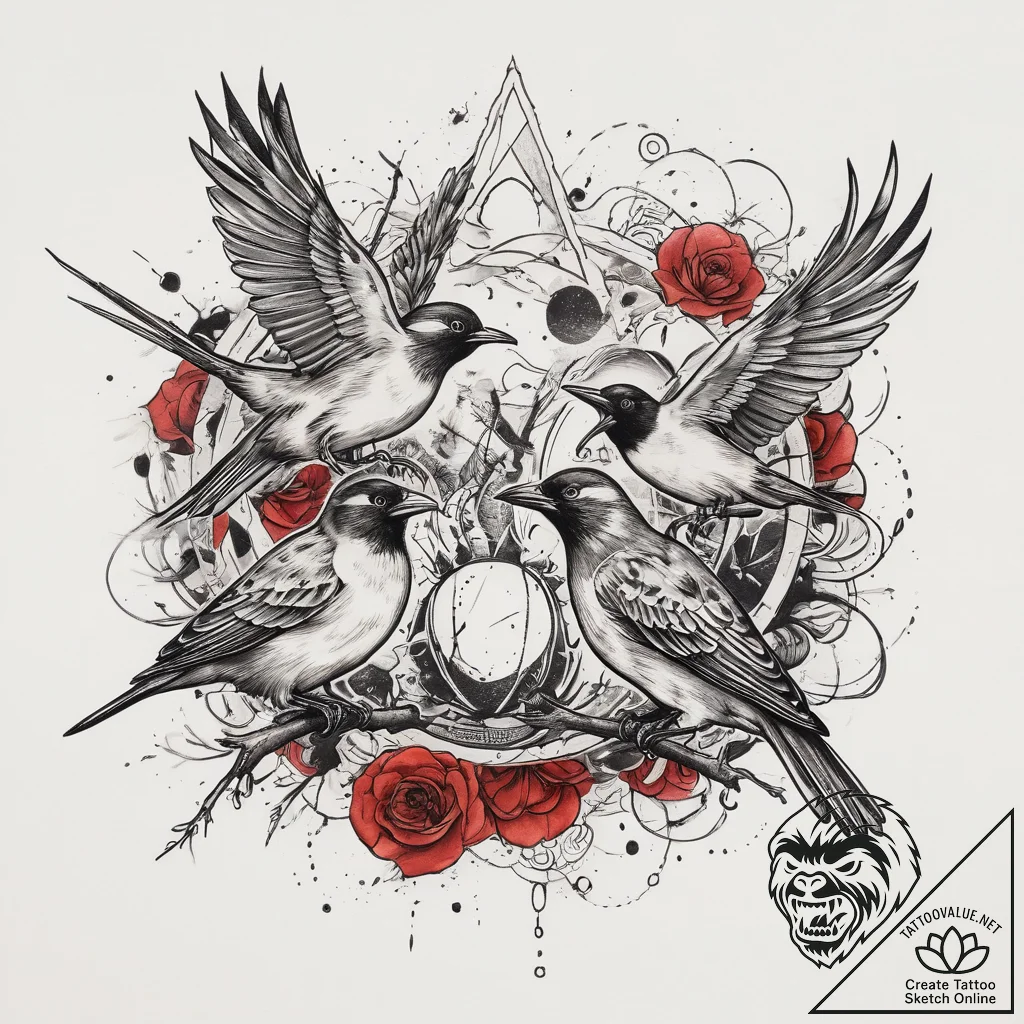 птицы, tattoo flash sheet design, clean lines... - tattoo sketch (№1760543218_0, 15.10.2025 15:46) — tattoovalue.net