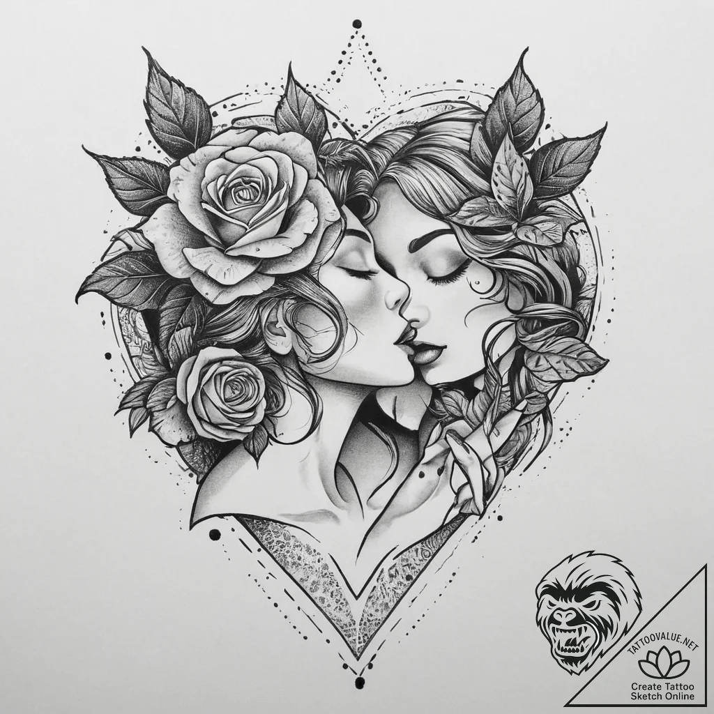 Tattoo sketch romantic kiss with a rose, tatt... - tattoo sketch (№1760545625_0, 15.10.2025 16:27) — tattoovalue.net