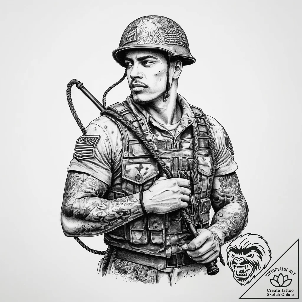 Tattoo sketch soldier with a rope, tattoo fla... - tattoo sketch (№1760546493_0, 15.10.2025 16:41) — tattoovalue.net