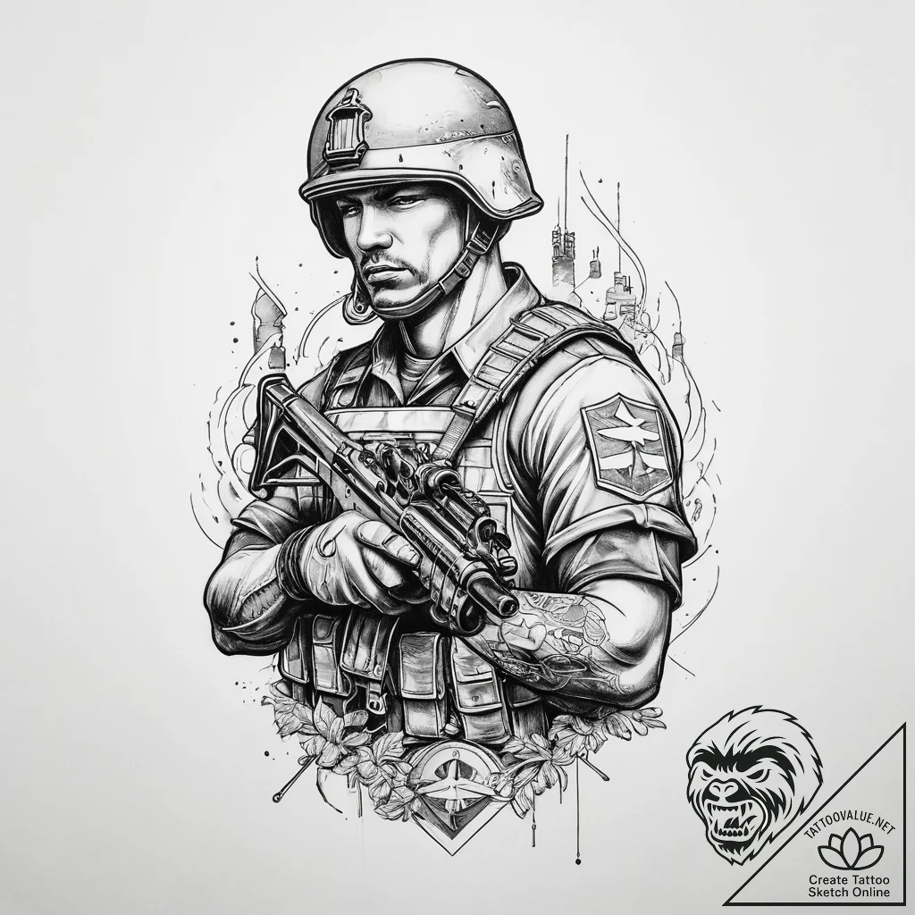 Tattoo sketch soldier with a house, tattoo fl... - tattoo sketch (№1760555617_0, 15.10.2025 19:13) — tattoovalue.net