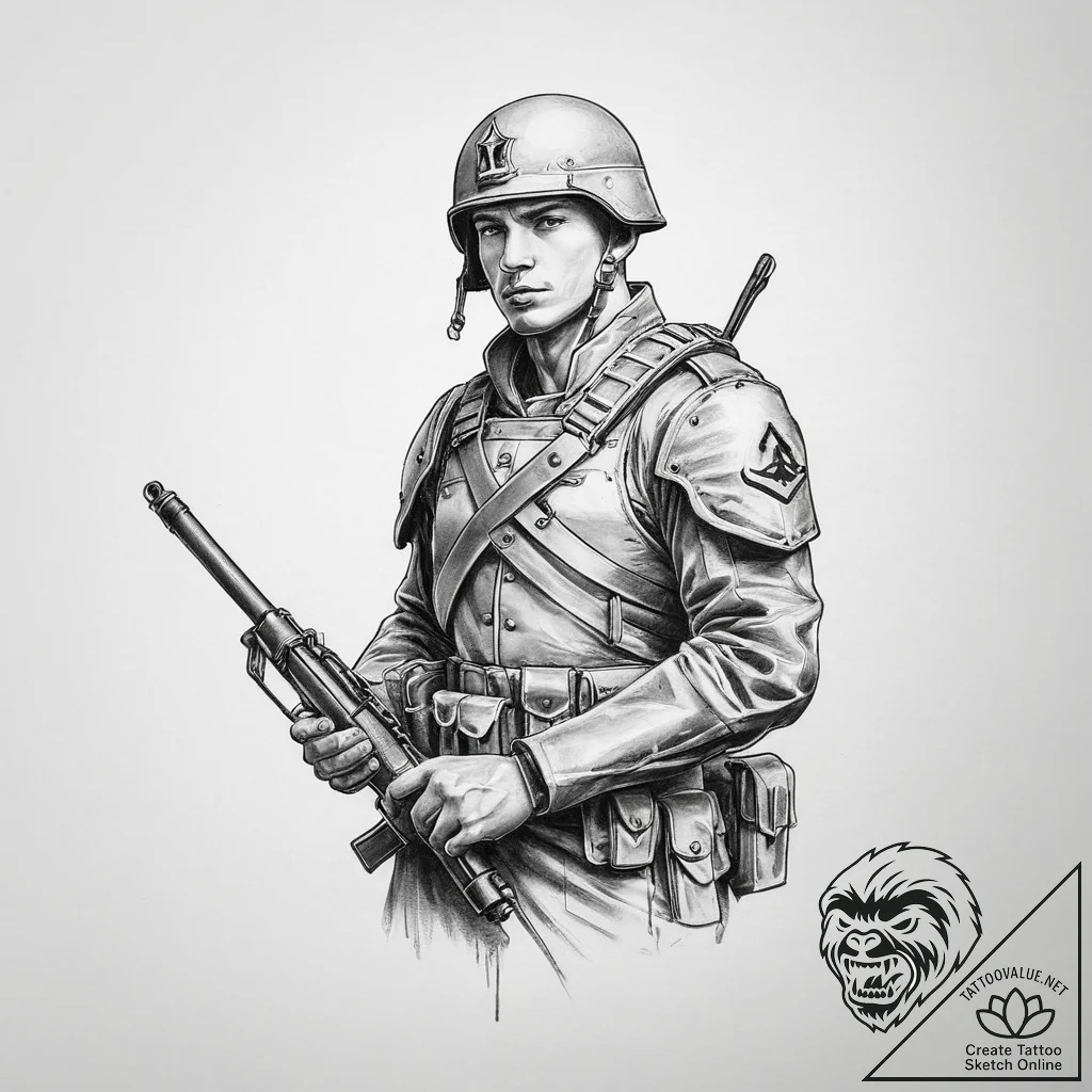 Tattoo sketch soldier with a scroll, concept... - tattoo sketch (№1760556062_0, 15.10.2025 19:21) — tattoovalue.net