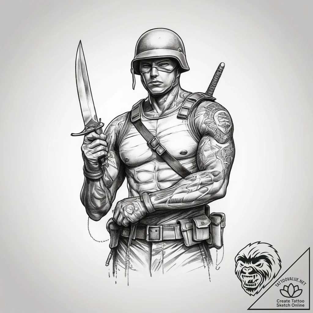 Tattoo sketch soldier with a knife, artistic... - tattoo sketch (№1760560405_0, 15.10.2025 20:33) — tattoovalue.net