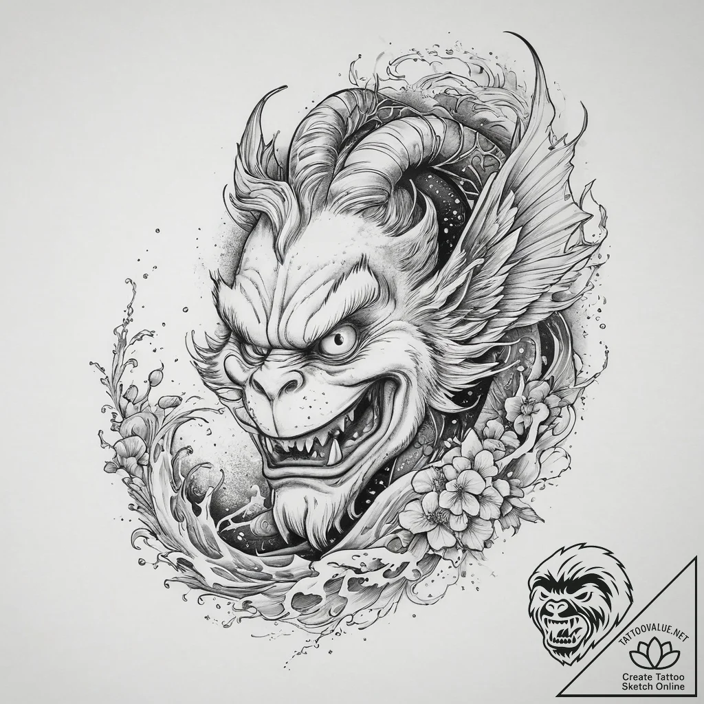 Tattoo sketch the grinch with a wing, tattoo... - tattoo sketch (№1760563683_0, 15.10.2025 21:28) — tattoovalue.net