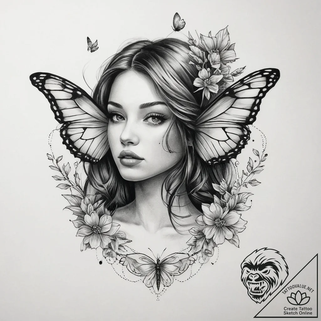 Tattoo sketch butterfly girl, tattoo flash sh... - tattoo sketch (№1760567798_0, 15.10.2025 22:36) — tattoovalue.net