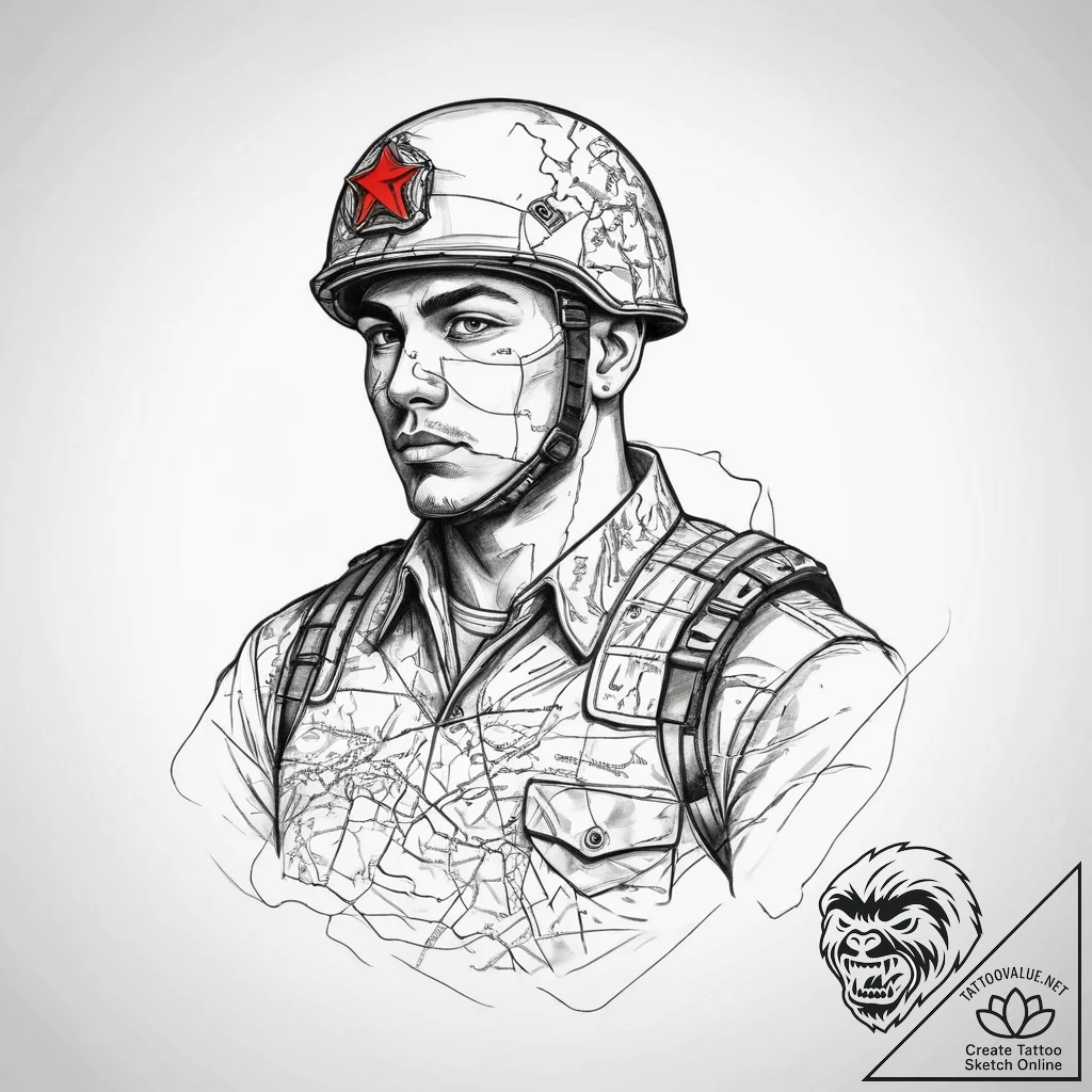 Tattoo sketch soldier with a map, concept art... - tattoo sketch (№1760571045_0, 15.10.2025 23:30) — tattoovalue.net