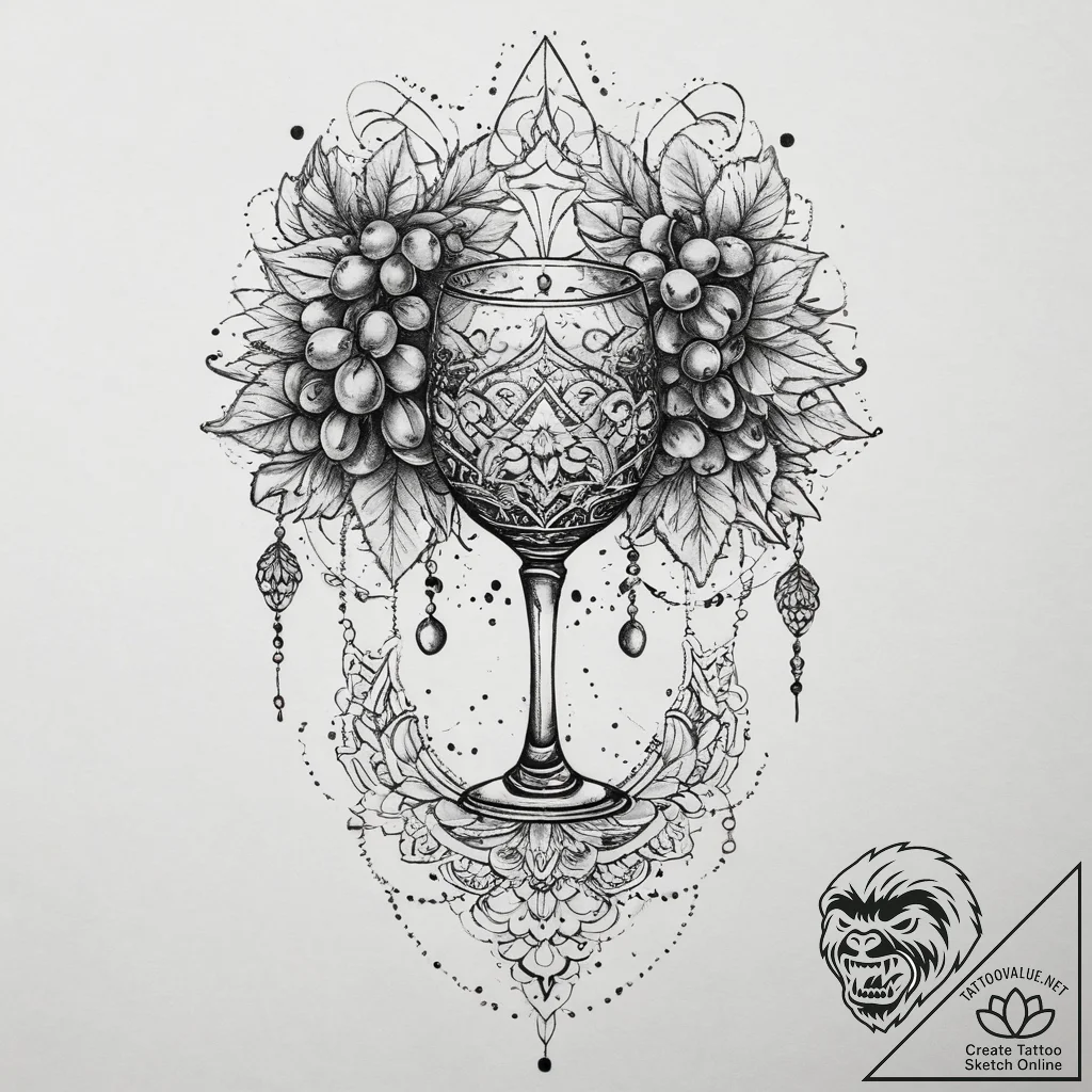 Tattoo sketch wine glass with grapes, tattoo... - tattoo sketch (№1760577761_0, 16.10.2025 01:22) — tattoovalue.net