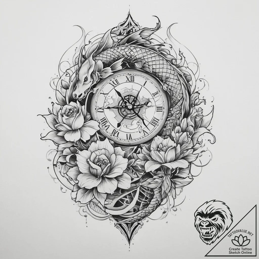 Tattoo sketch rose with a clock, tattoo line... - tattoo sketch (№1760582951_0, 16.10.2025 02:49) — tattoovalue.net