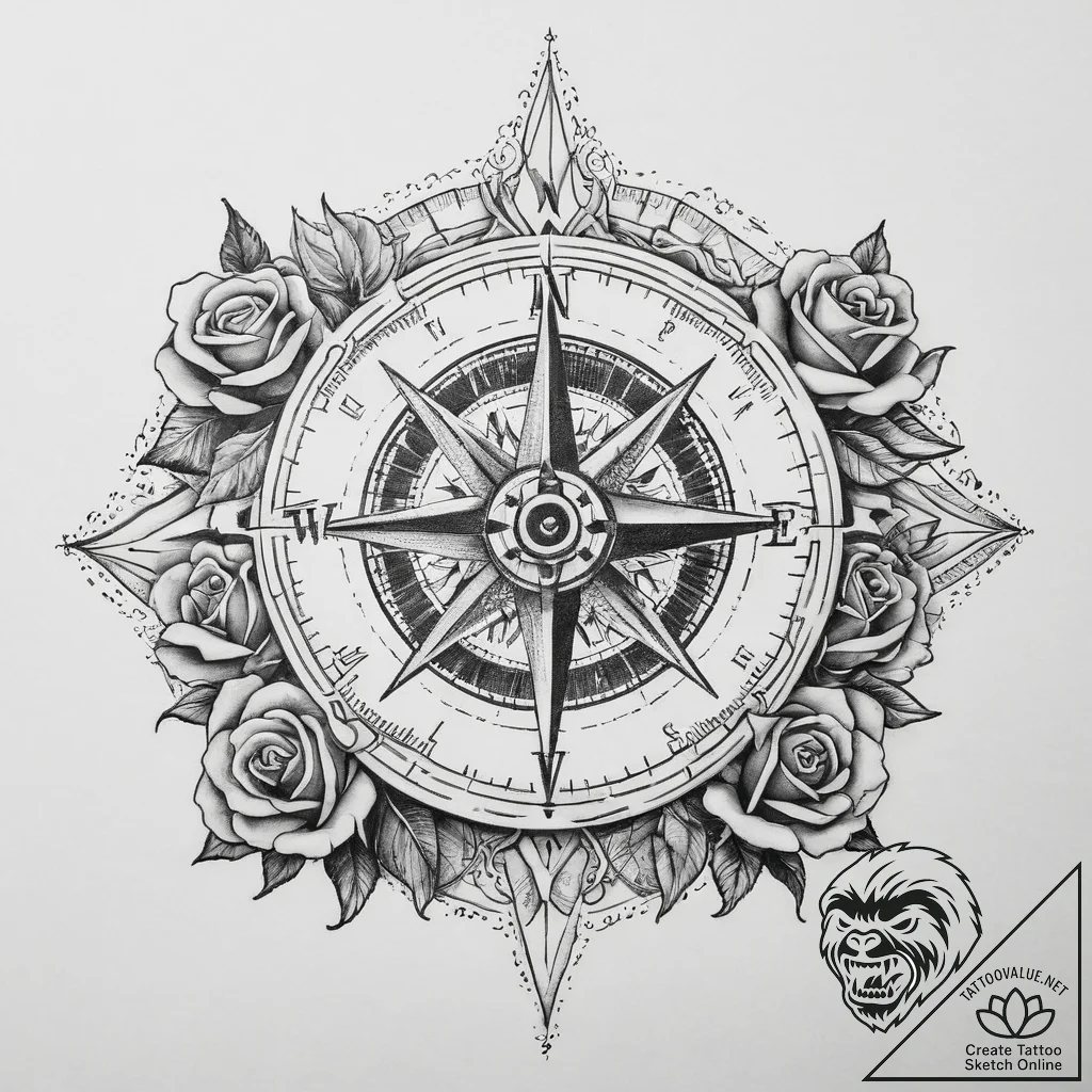 Tattoo sketch compass with a flag, tattoo dra... - tattoo sketch (№1760588794_0, 16.10.2025 04:26) — tattoovalue.net