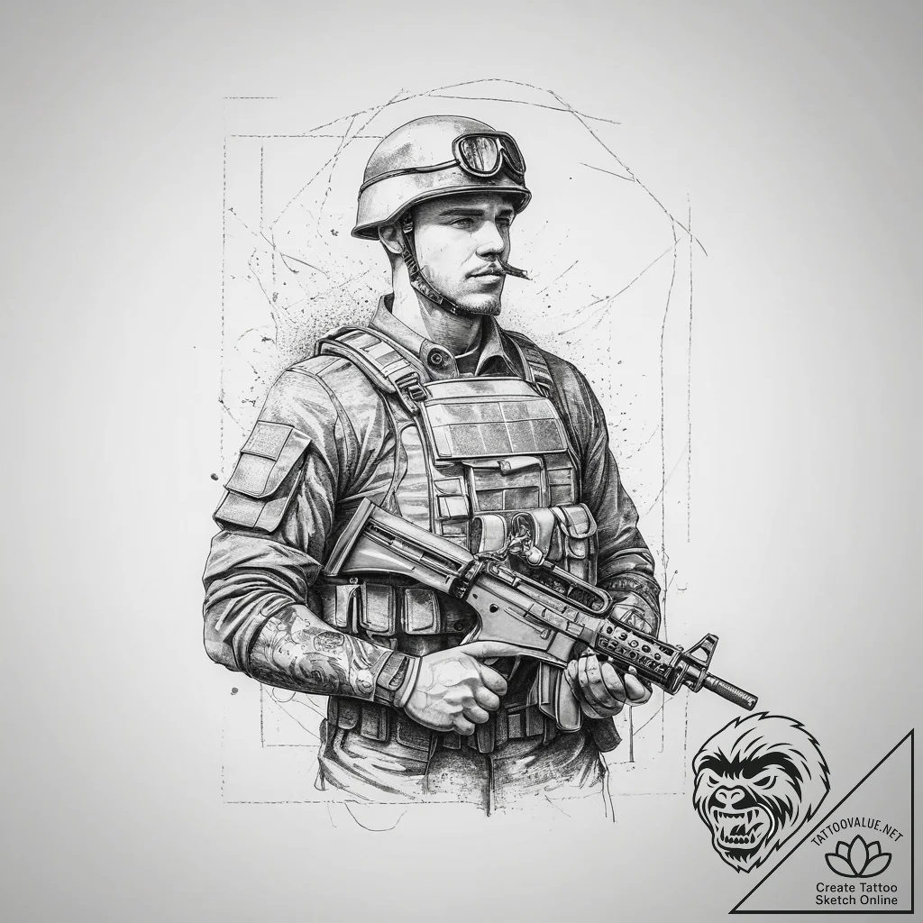 Tattoo sketch soldier with a document, tattoo... - tattoo sketch (№1760592701_0, 16.10.2025 05:31) — tattoovalue.net