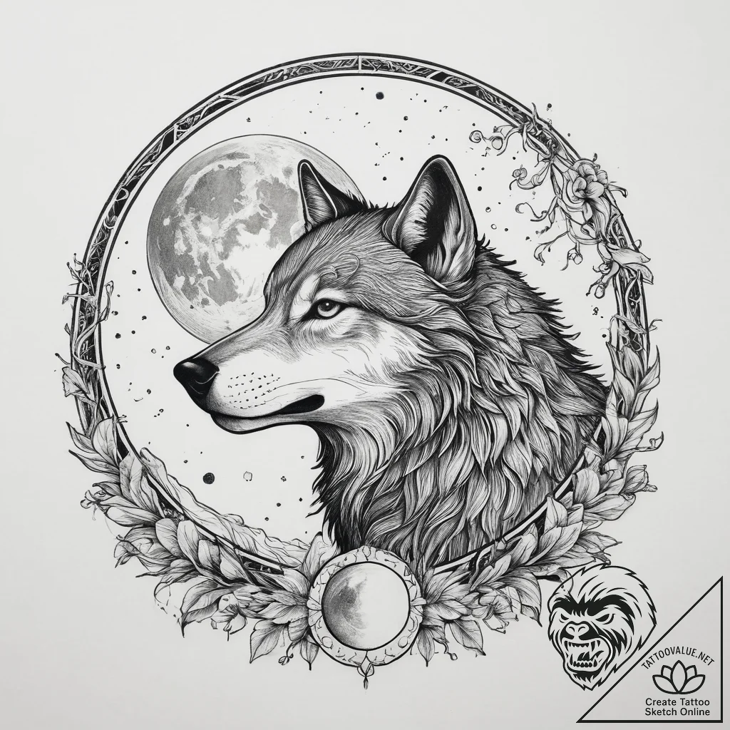 Tattoo sketch romantic full moon with a wolf,... - tattoo sketch (№1760612786_0, 16.10.2025 11:06) — tattoovalue.net