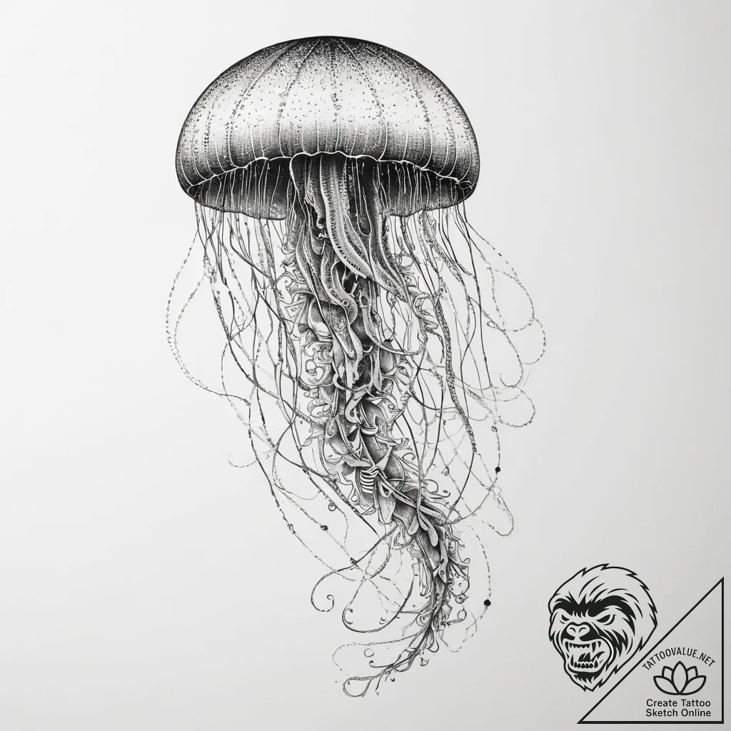 Tattoo sketch graceful jellyfish floating, in... - tattoo sketch (№1760614085_0, 16.10.2025 11:28) — tattoovalue.net
