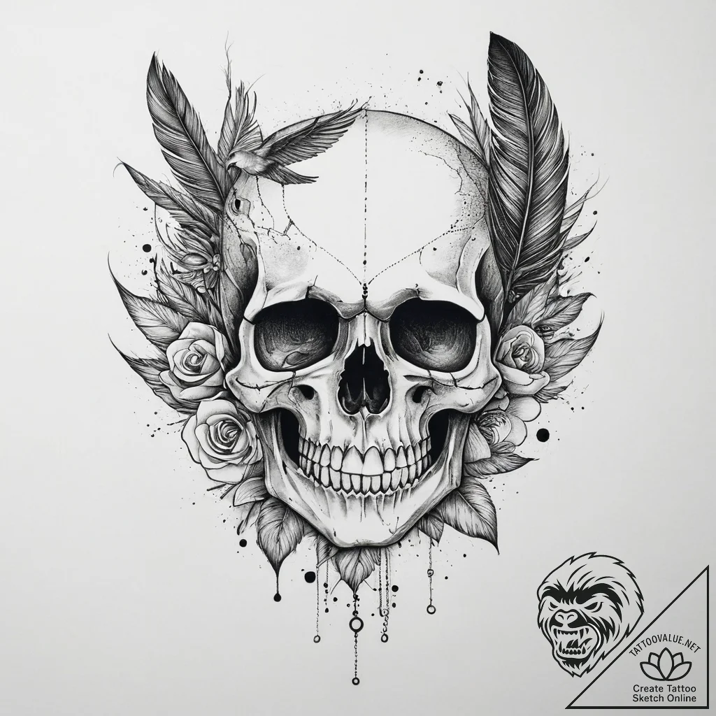 Tattoo sketch череп с пером и птицами, ink il... - tattoo sketch (№1760621443_0, 16.10.2025 13:30) — tattoovalue.net