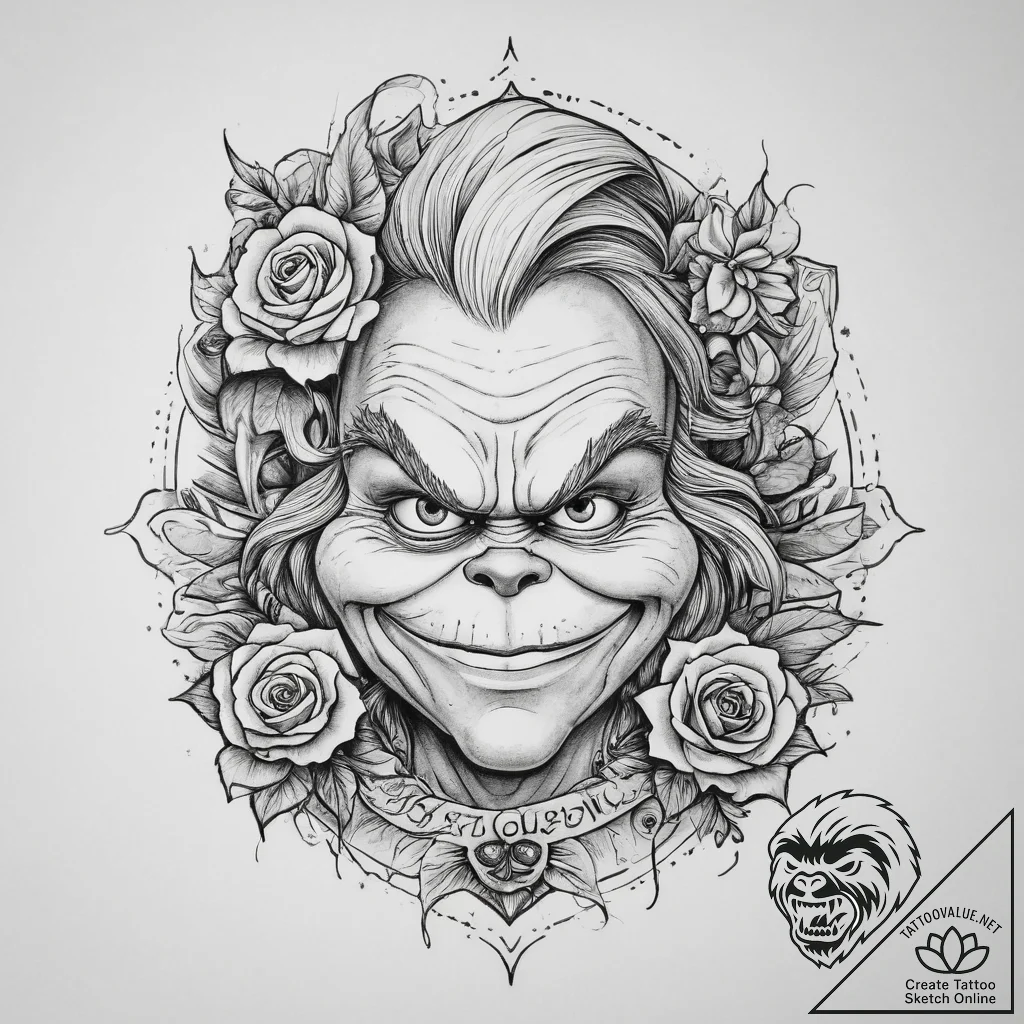 Tattoo sketch the grinch with a hair, ink ill... - tattoo sketch (№1760621876_0, 16.10.2025 13:37) — tattoovalue.net