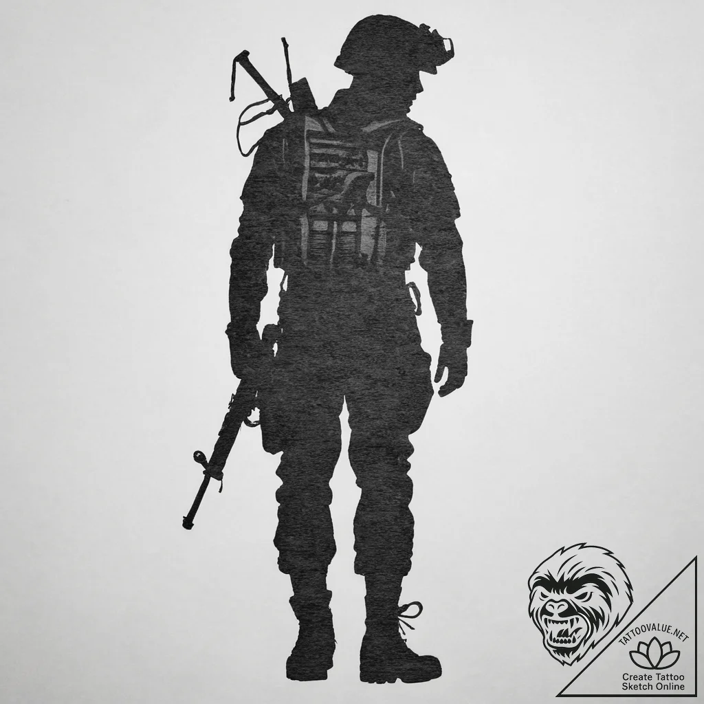 Tattoo sketch soldier's silhouette against th... - tattoo sketch (№1760632720_0, 16.10.2025 16:38) — tattoovalue.net