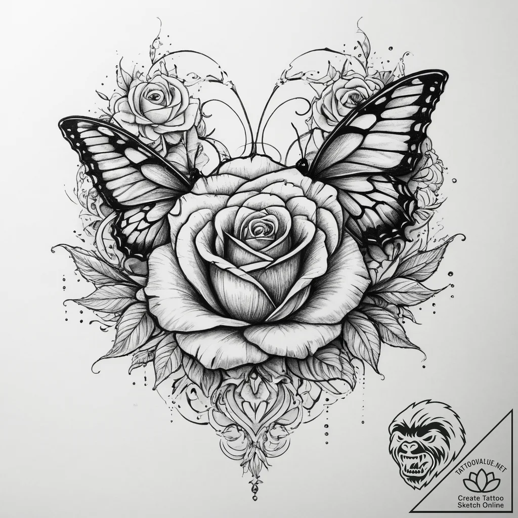 Tattoo sketch rose with a butterfly, artistic... - tattoo sketch (№1760634454_0, 16.10.2025 17:07) — tattoovalue.net
