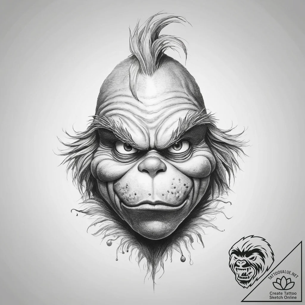 Tattoo sketch the grinch with a feather, tatt... - tattoo sketch (№1760640948_0, 16.10.2025 18:55) — tattoovalue.net