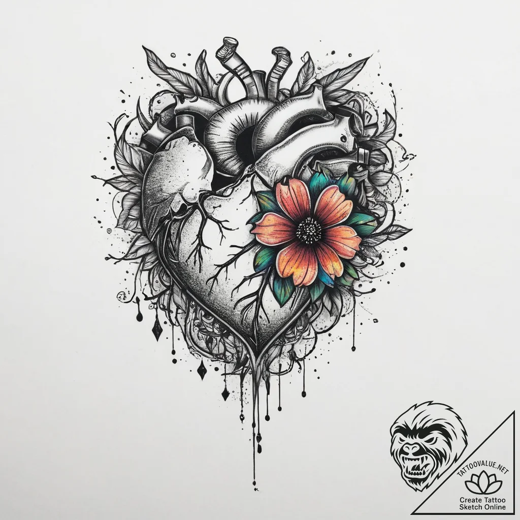 Tattoo sketch mended heart with a flower, con... - tattoo sketch (№1760643108_0, 16.10.2025 19:31) — tattoovalue.net
