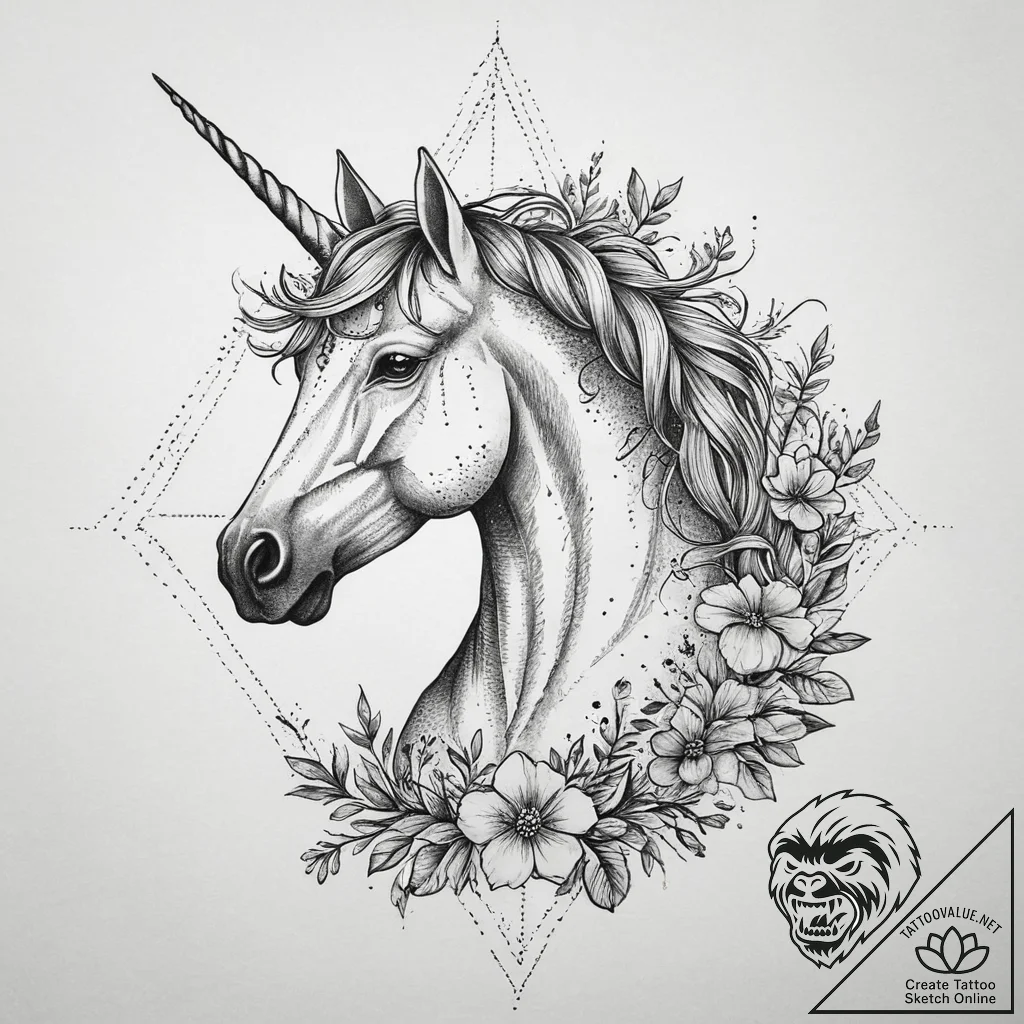Tattoo sketch unicorn with a flower, tattoo s... - tattoo sketch (№1760648963_0, 16.10.2025 21:09) — tattoovalue.net