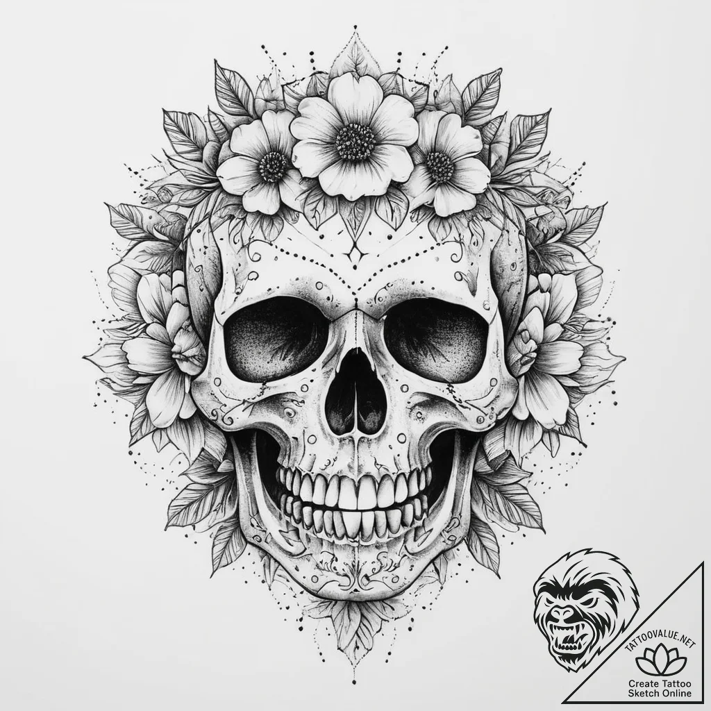 Tattoo sketch узор в виде черепа с цветами, t... - tattoo sketch (№1760652187_0, 16.10.2025 22:03) — tattoovalue.net