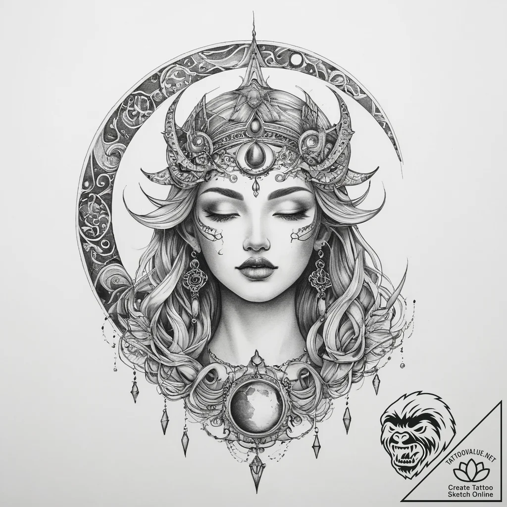 Tattoo sketch moon goddess - tattoo sketch (№1760655686_0, 16.10.2025 23:01) — tattoovalue.net