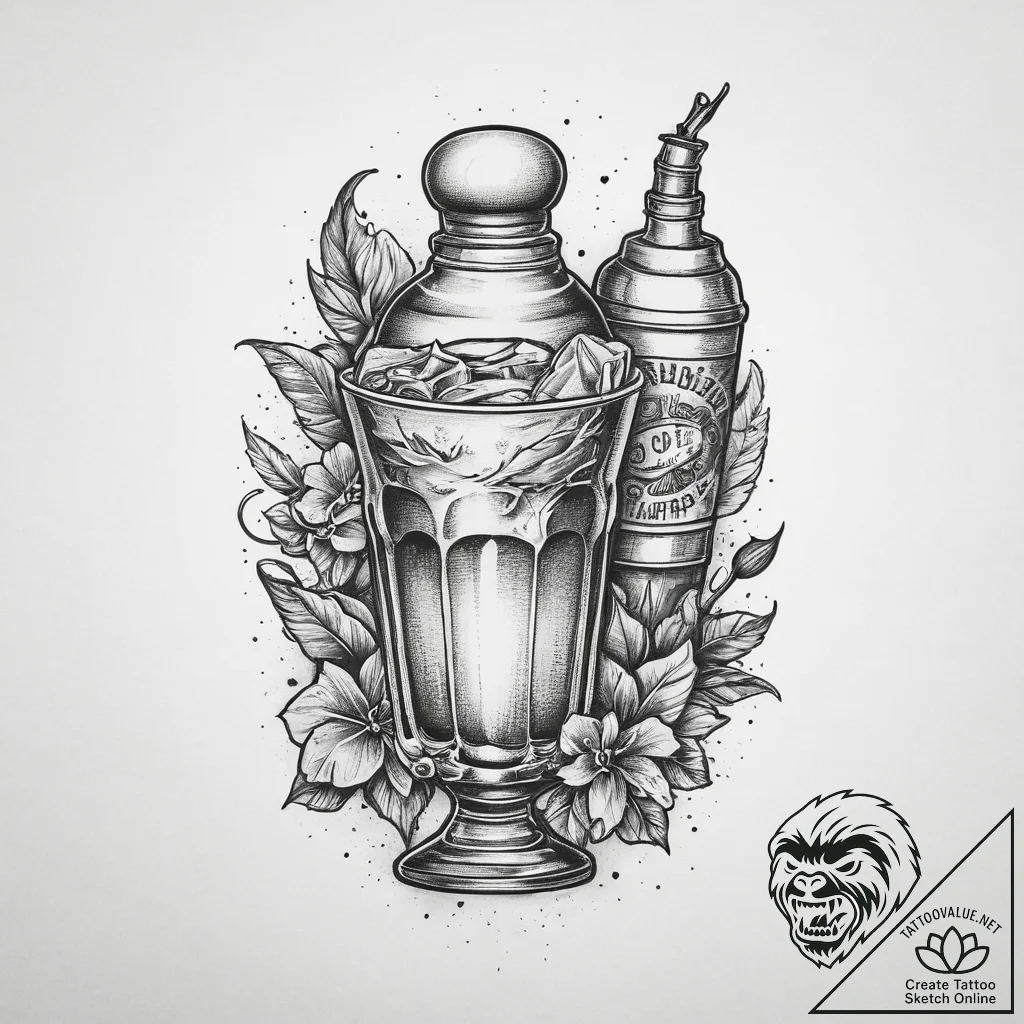 Tattoo sketch bartender cocktail shaker and g... - tattoo sketch (№1760658692_0, 16.10.2025 23:51) — tattoovalue.net