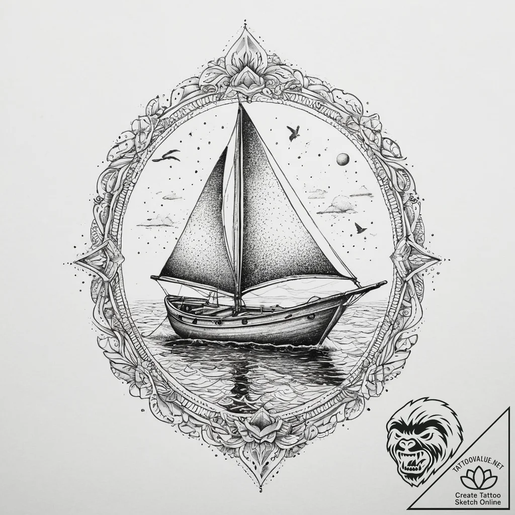 Tattoo sketch water with a boat, tattoo flash... - tattoo sketch (№1760662396_0, 17.10.2025 00:53) — tattoovalue.net