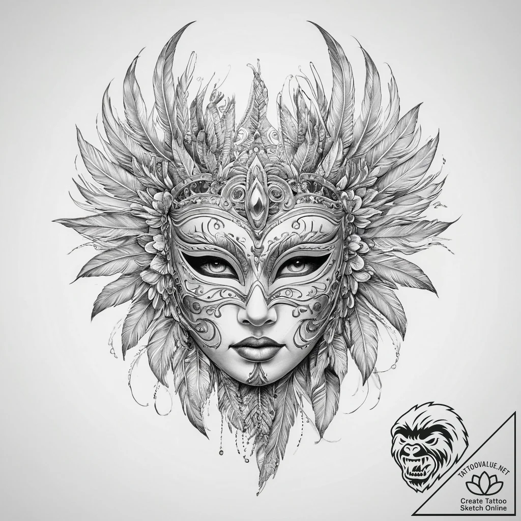 Tattoo sketch feathered mask - tattoo sketch (№1760670656_0, 17.10.2025 03:10) — tattoovalue.net