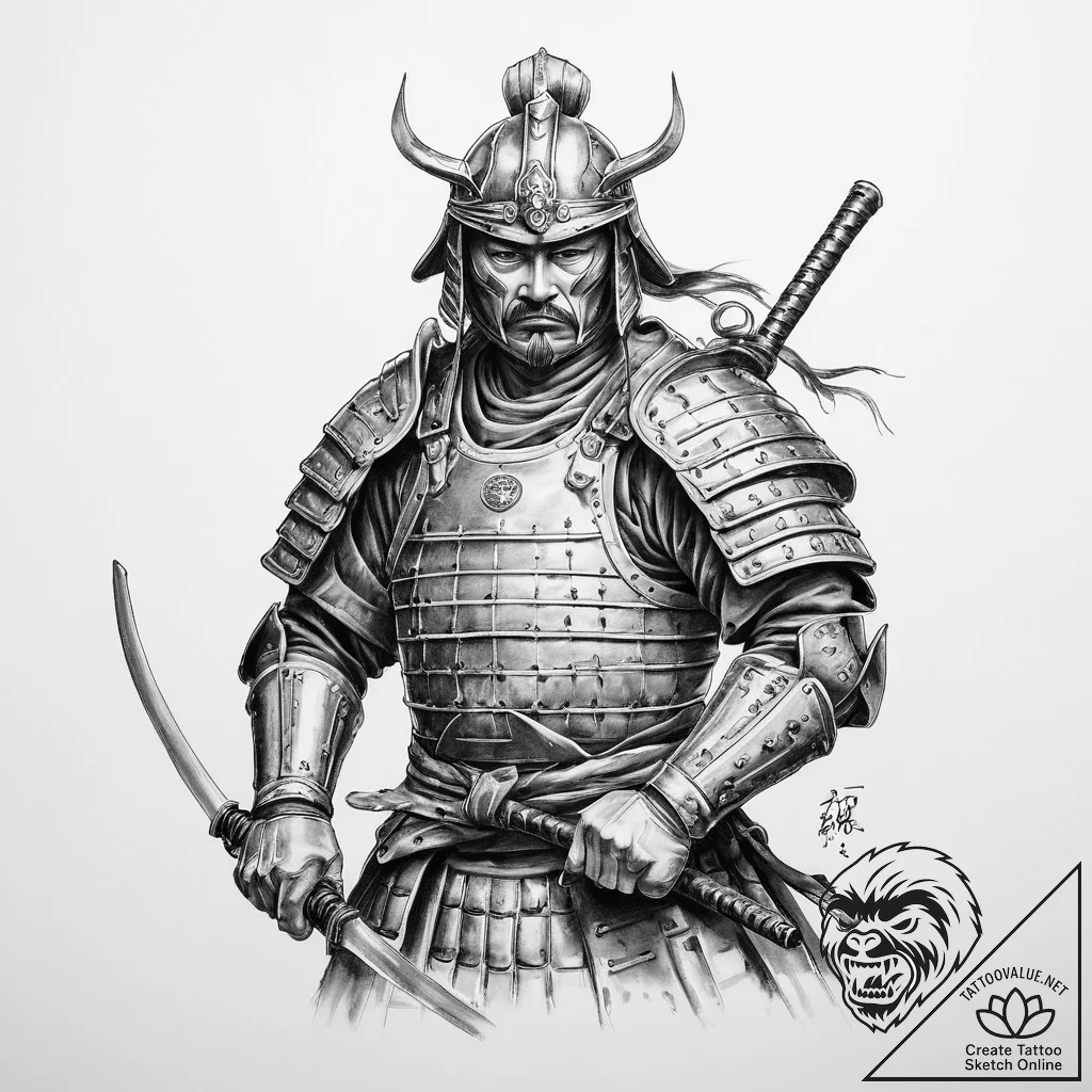 Tattoo sketch japanese samurai in full armor - tattoo sketch (№1760679508_0, 17.10.2025 05:38) — tattoovalue.net
