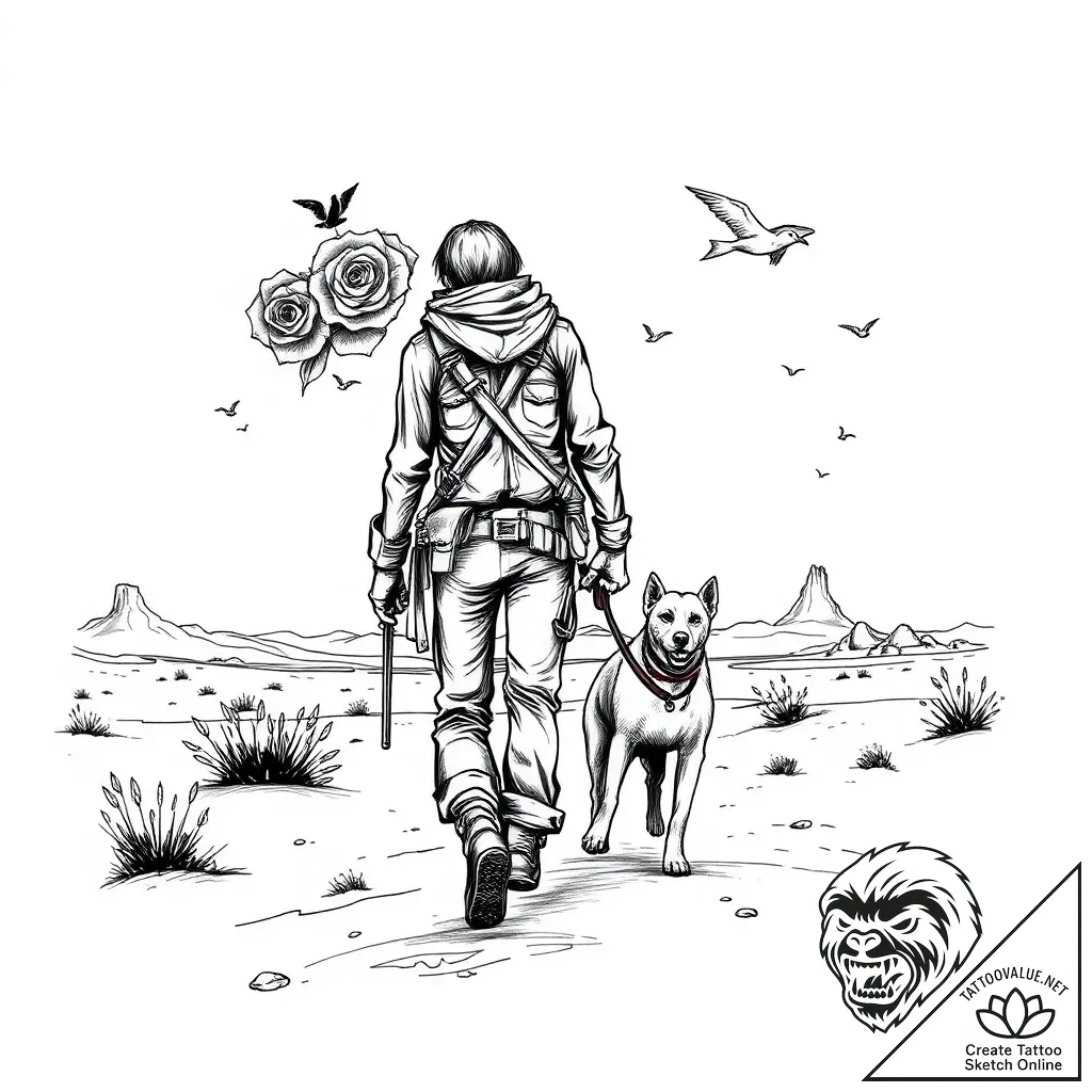 Lone wanderer in a post-apocalyptic desert, w... - style Flux Inscriptions - tattoo sketch (02.11.2025 00:03)