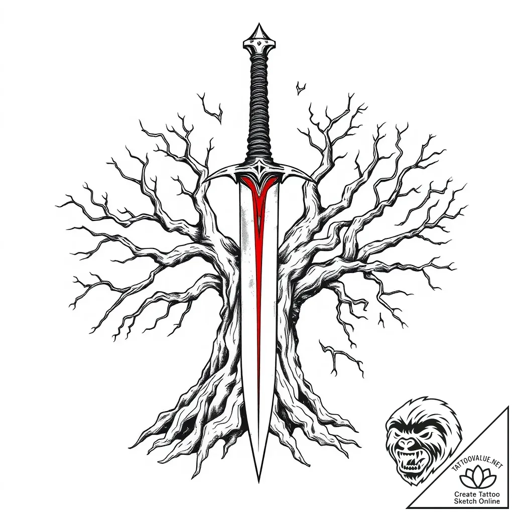 Dagger rising from cursed roots, tattoo line... - style Flux Inscriptions - tattoo sketch (02.11.2025 00:44)