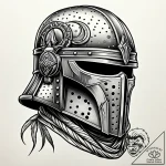 Bounty hunter’s helmet, scarred and reflectin… – style Jaeger Simple – tattoo sketch (02.11.2025 00:48)