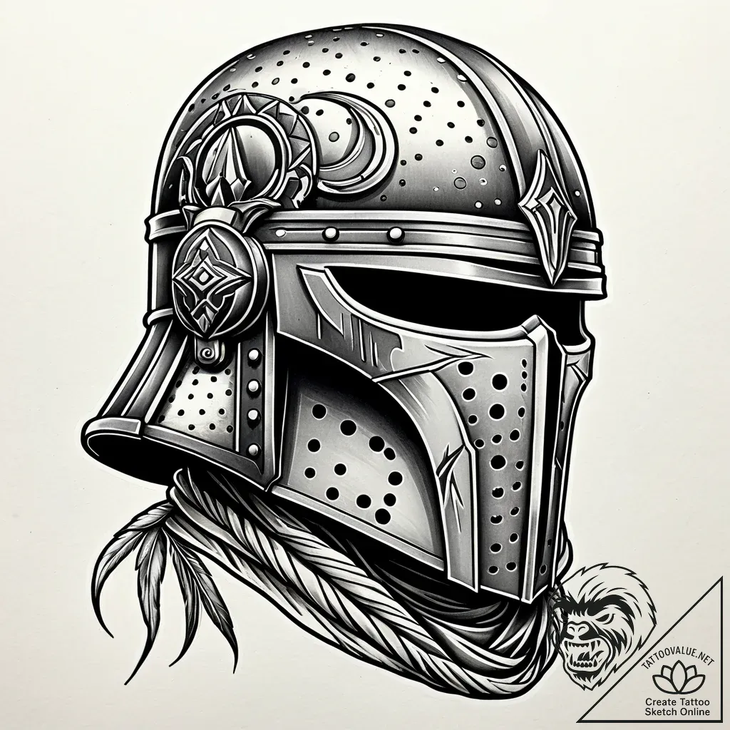 Bounty hunter's helmet, scarred and reflectin... - style Jaeger Simple - tattoo sketch (02.11.2025 00:48)