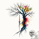 Needle blade beneath spectral tree, tattoo sk… – style Flux Inscriptions – tattoo sketch (02.11.2025 01:03)