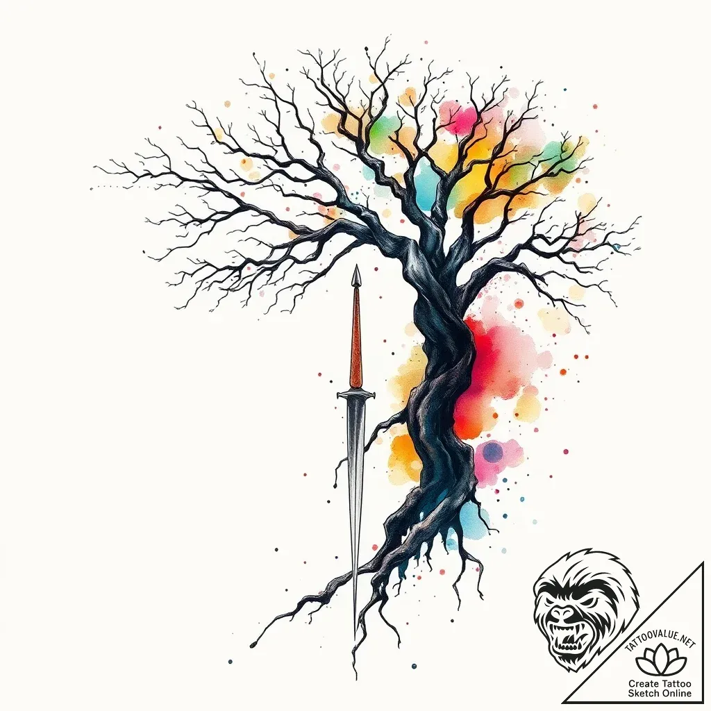 Needle blade beneath spectral tree, tattoo sk... - style Flux Inscriptions - tattoo sketch (02.11.2025 01:03)