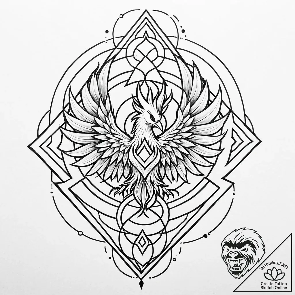 Phoenix sigil beneath burning sky, tattoo lin... - style Jaeger Mini - tattoo sketch (02.11.2025 01:33)