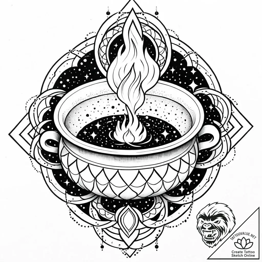 Cauldron bubbling with a swirling galaxy, con... - style Jaeger Mini - tattoo sketch (02.11.2025 01:53)