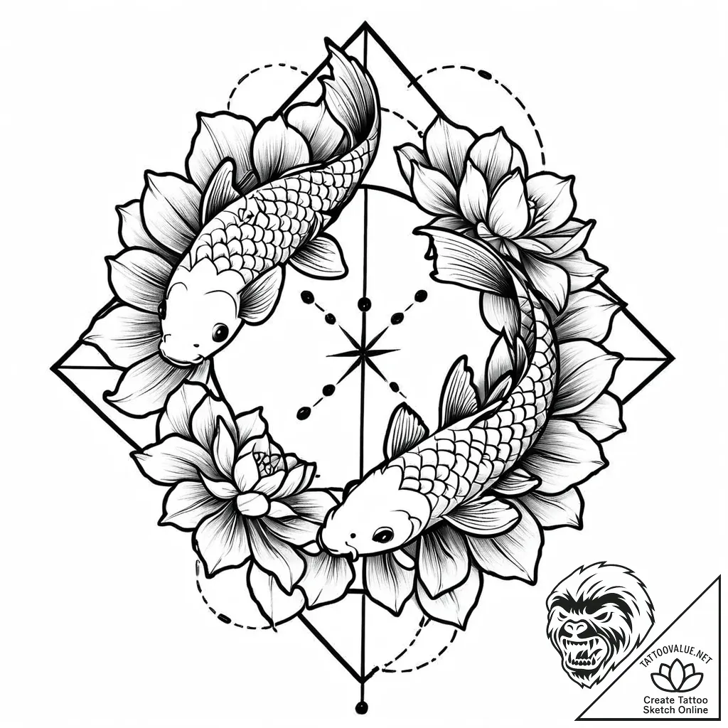 Koi fish circling blooming lotus, tattoo line... - style Jaeger Mini - tattoo sketch (02.11.2025 02:53)