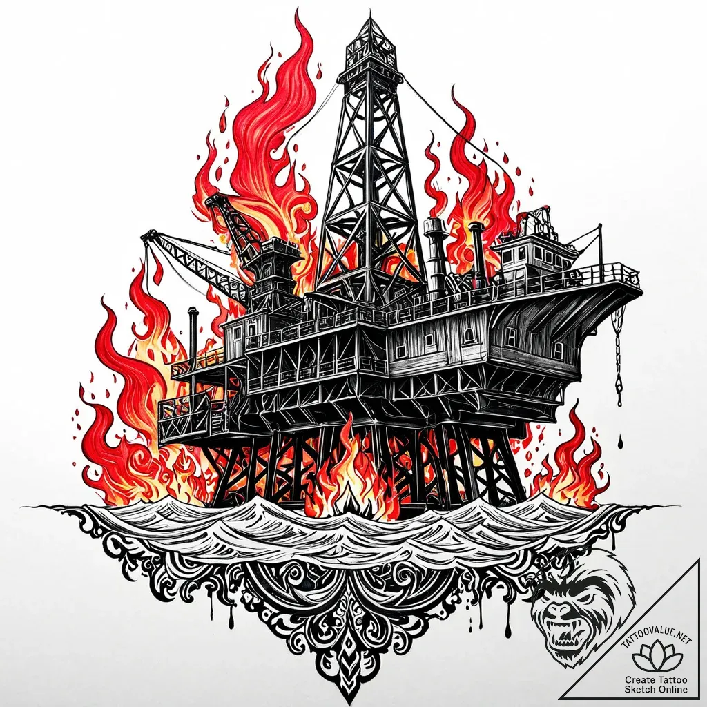 A powerful burning oil rig, disaster,, tattoo... - style Jaeger Mini - tattoo sketch (02.11.2025 03:13)