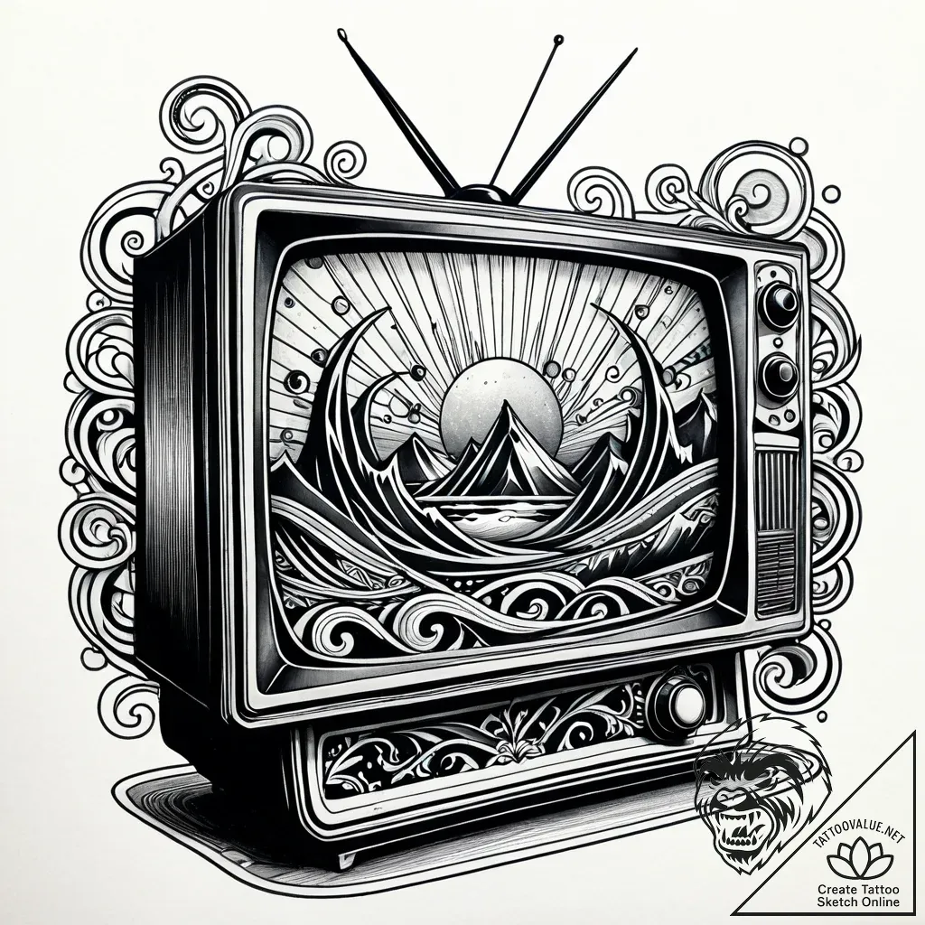 Analog tv with static screen showing 'no sign... - style Jaeger Simple - tattoo sketch (02.11.2025 04:08)