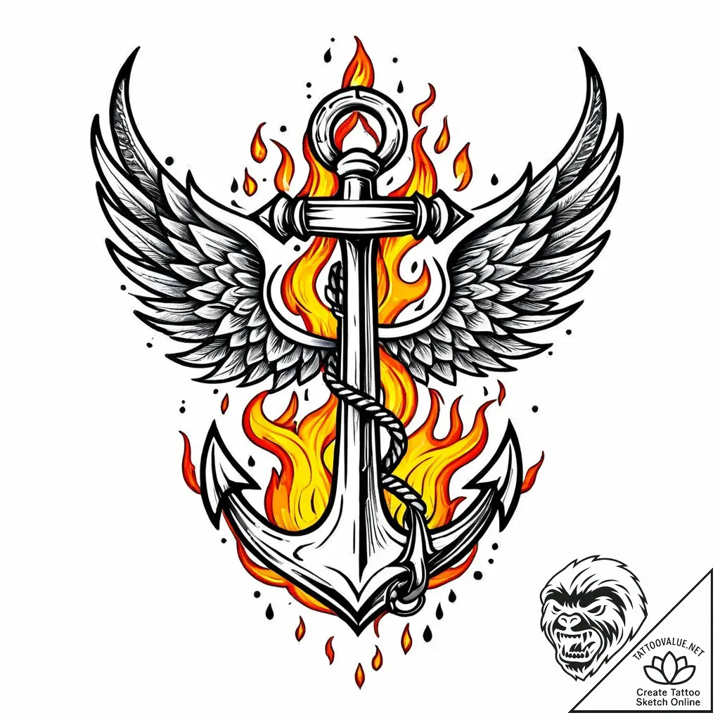 Anchor with wings and flames, concept art for... - style Jaeger Mini - tattoo sketch (02.11.2025 05:33)